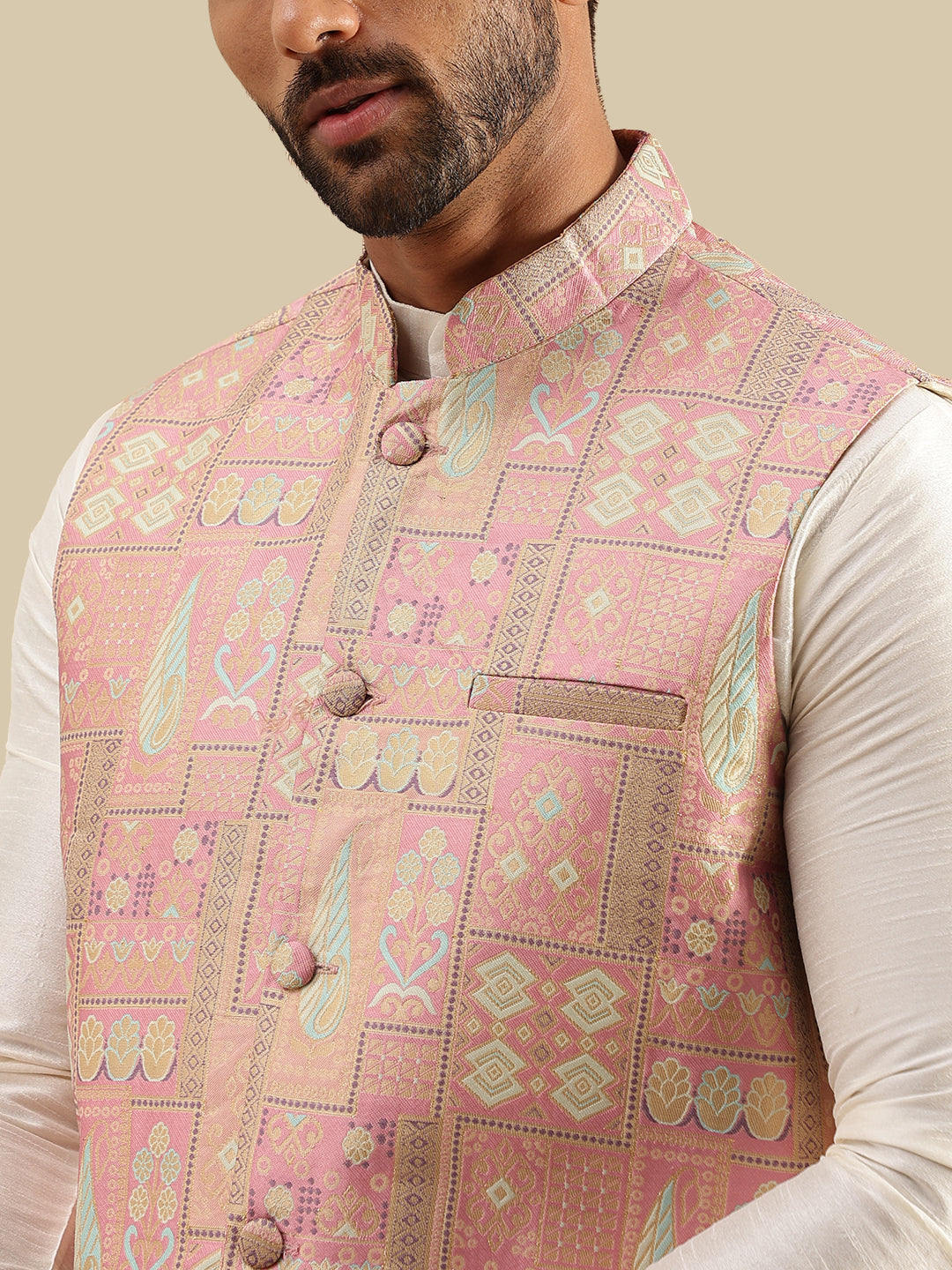 Men's Silk Blend Cream Kurta and Pyjama With Jacquard Silk Pink Nehru Jacket