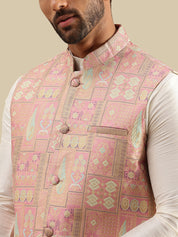 Men's Silk Blend Cream Kurta and Pyjama With Jacquard Silk Pink Nehru Jacket