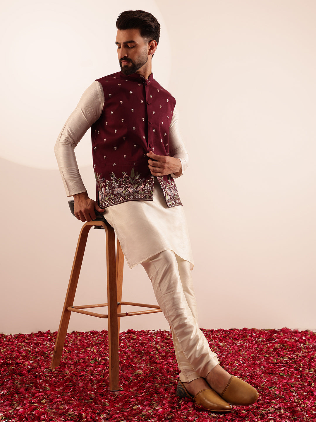 Men's Silk Blend Cream Kurta and Pyjama With Daman Embroidered Maroon Nehru Jacket