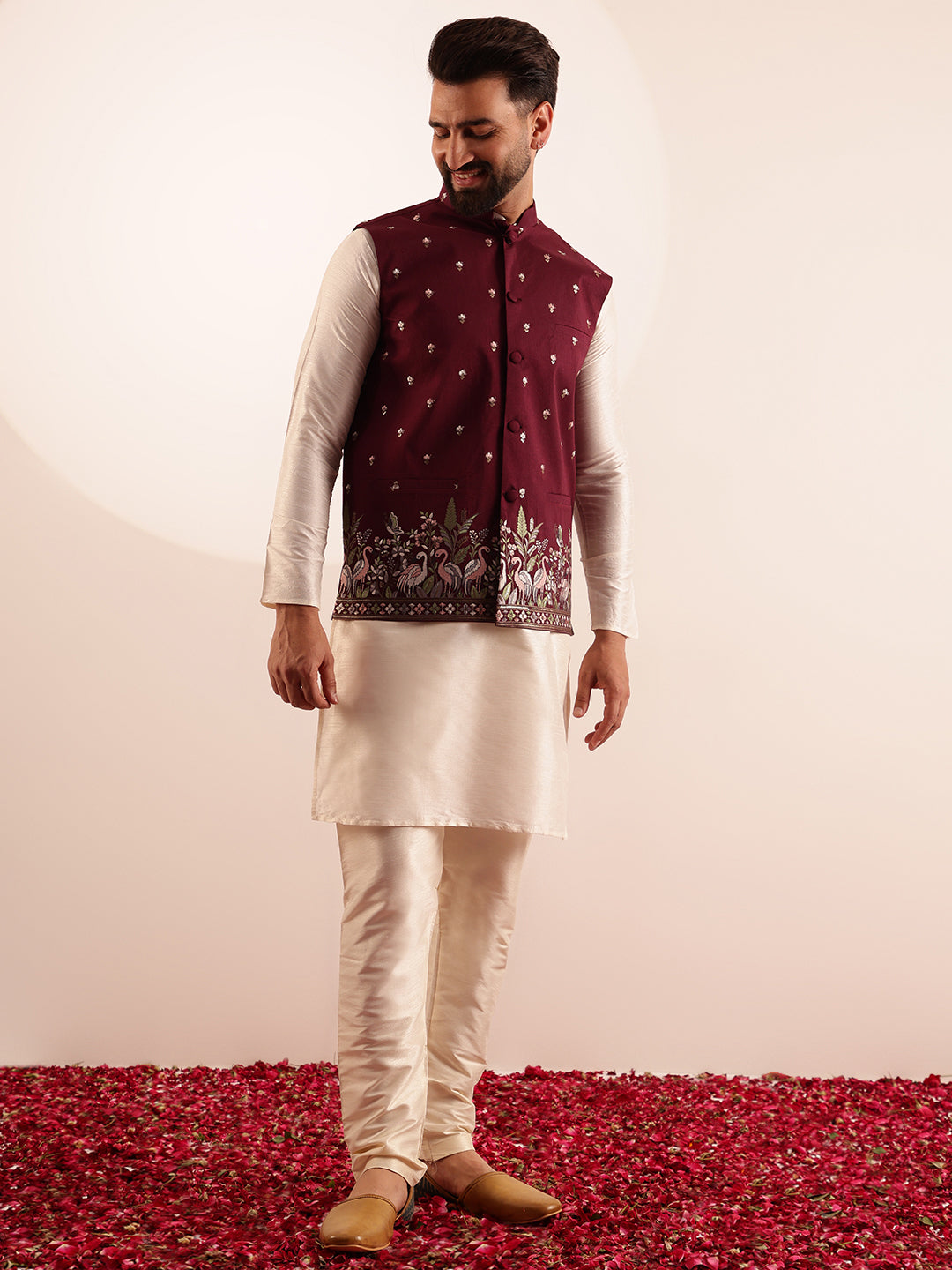Men's Silk Blend Cream Kurta and Pyjama With Daman Embroidered Maroon Nehru Jacket