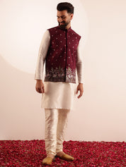 Men's Silk Blend Cream Kurta and Pyjama With Daman Embroidered Maroon Nehru Jacket