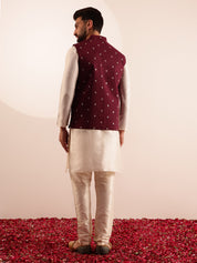Men's Silk Blend Cream Kurta and Pyjama With Daman Embroidered Maroon Nehru Jacket