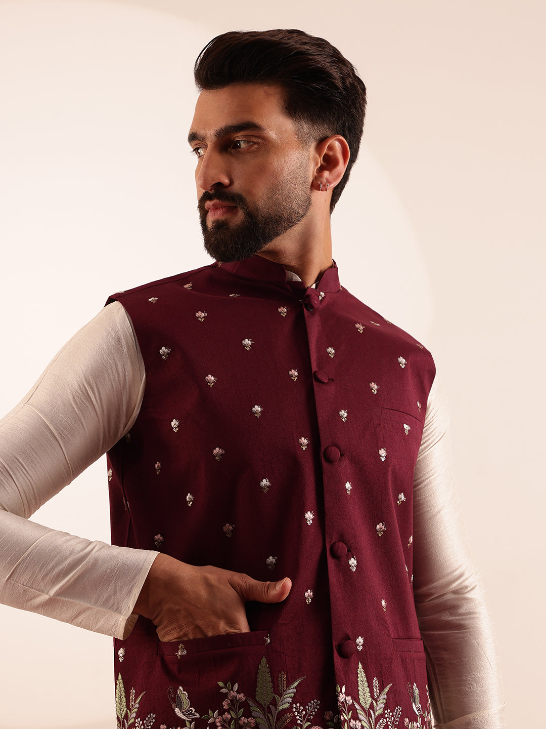 Men's Silk Blend Cream Kurta and Pyjama With Daman Embroidered Maroon Nehru Jacket
