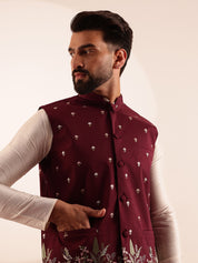 Men's Silk Blend Cream Kurta and Pyjama With Daman Embroidered Maroon Nehru Jacket