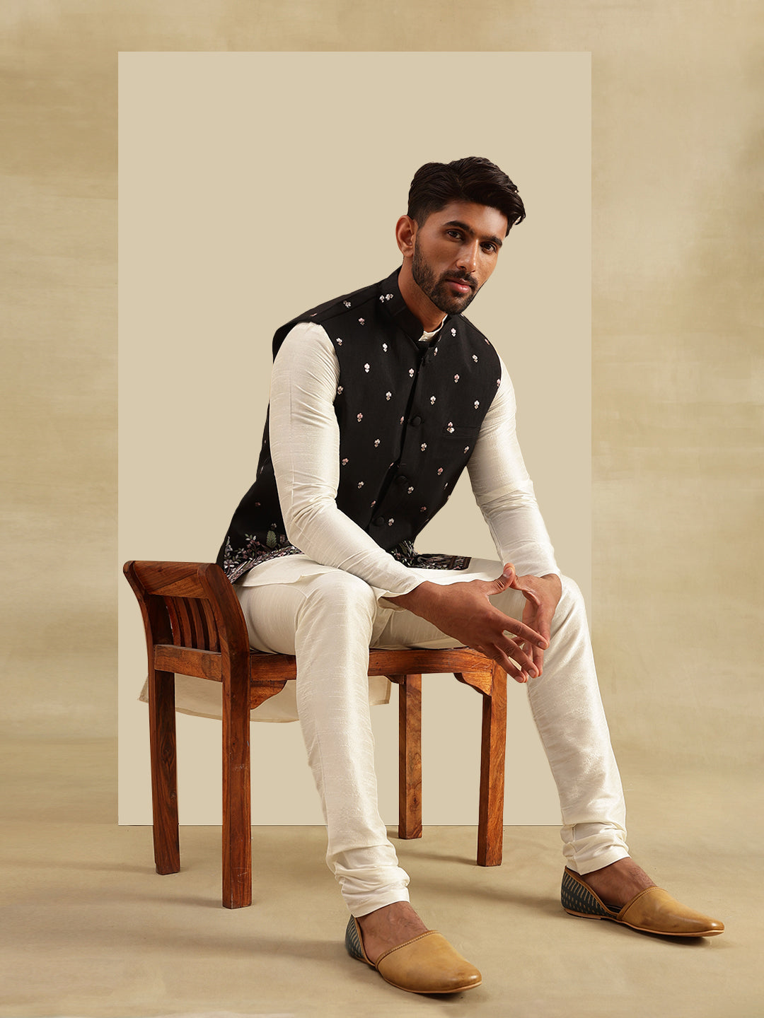 Men's Silk Blend Cream Kurta and Pyjama With Daman Embroidered Black Nehru Jacket