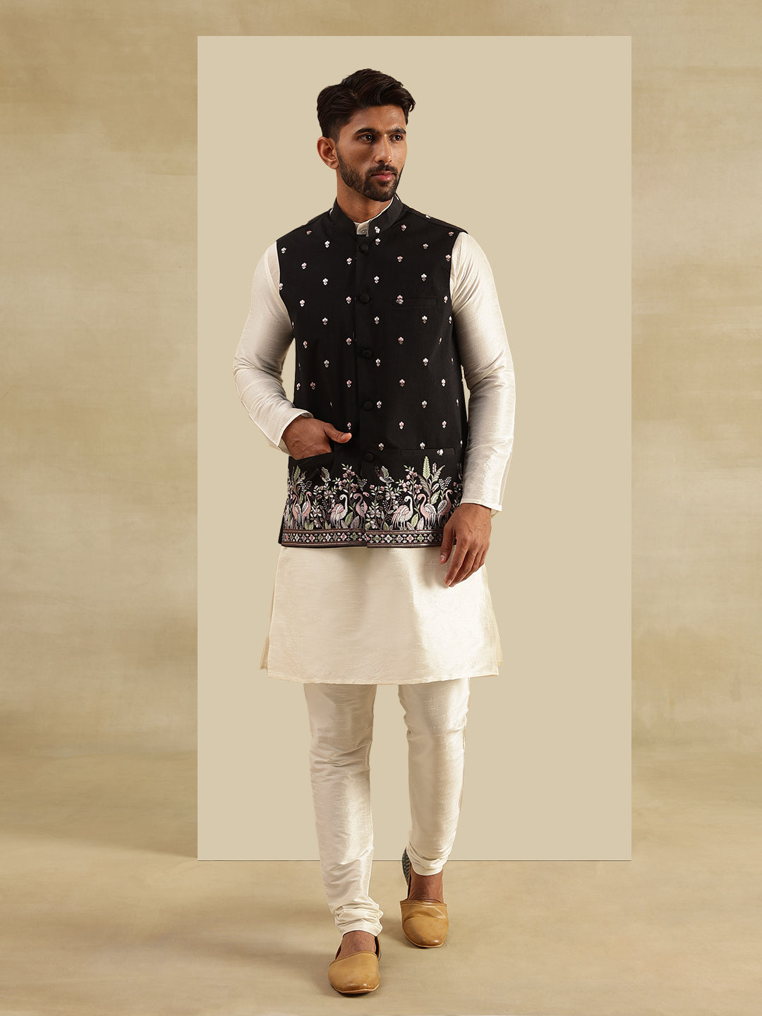 Men's Silk Blend Cream Kurta and Pyjama With Daman Embroidered Black Nehru Jacket