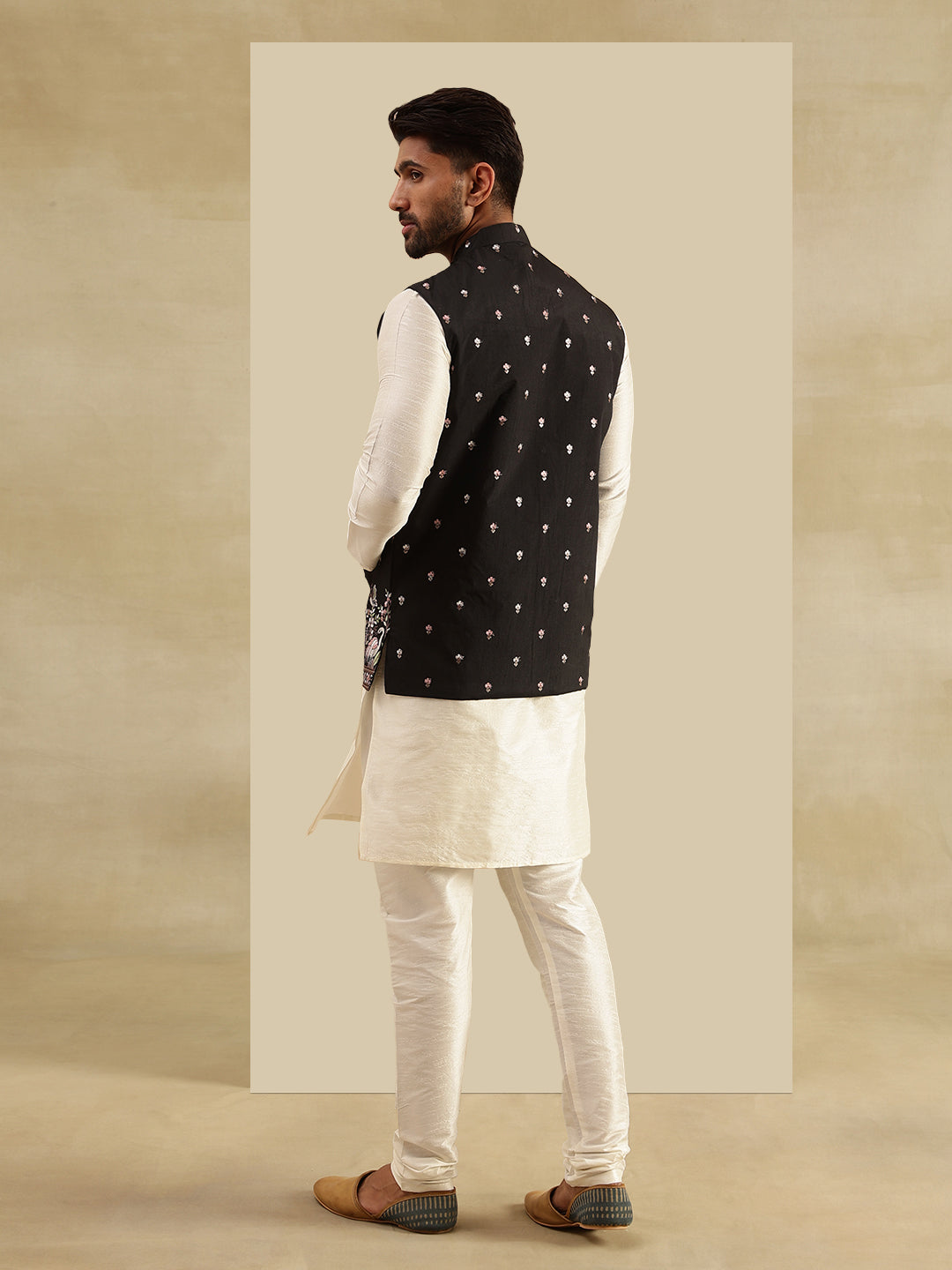 Men's Silk Blend Cream Kurta and Pyjama With Daman Embroidered Black Nehru Jacket
