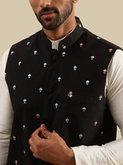 Men's Silk Blend Cream Kurta and Pyjama With Daman Embroidered Black Nehru Jacket