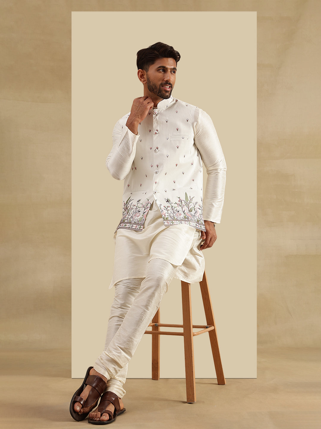 Men's Silk Blend Cream Kurta and Pyjama With Daman Embroidered Cream Nehru Jacket