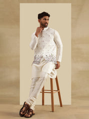 Men's Silk Blend Cream Kurta and Pyjama With Daman Embroidered Cream Nehru Jacket