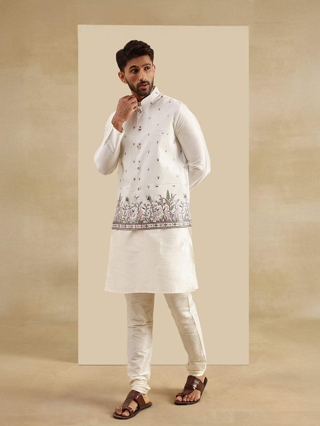 Men's Silk Blend Cream Kurta and Pyjama With Daman Embroidered Cream Nehru Jacket