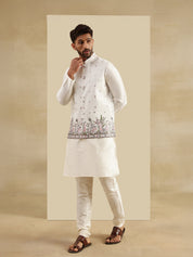 Men's Silk Blend Cream Kurta and Pyjama With Daman Embroidered Cream Nehru Jacket