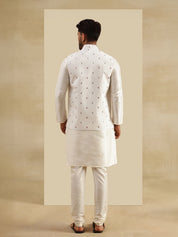 Men's Silk Blend Cream Kurta and Pyjama With Daman Embroidered Cream Nehru Jacket