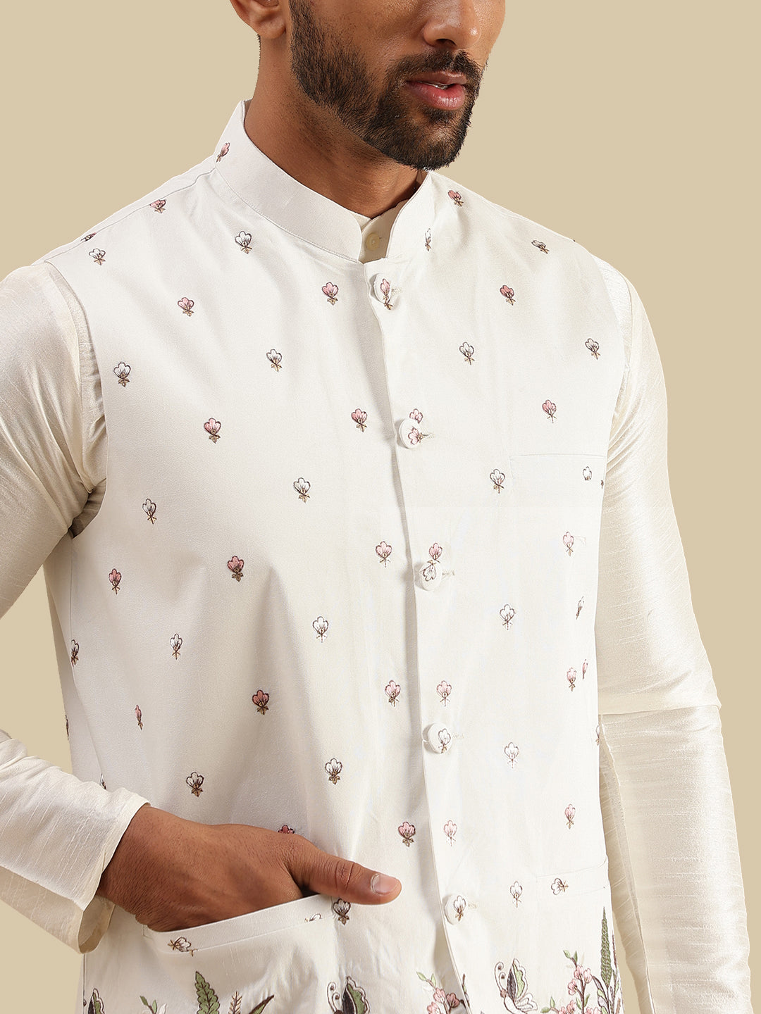 Men's Silk Blend Cream Kurta and Pyjama With Daman Embroidered Cream Nehru Jacket