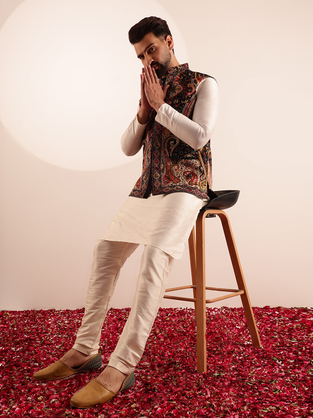 Men's Silk Blend Cream Kurta and Pyjama With Paisley Design Velvet Beige Nehru Jacket
