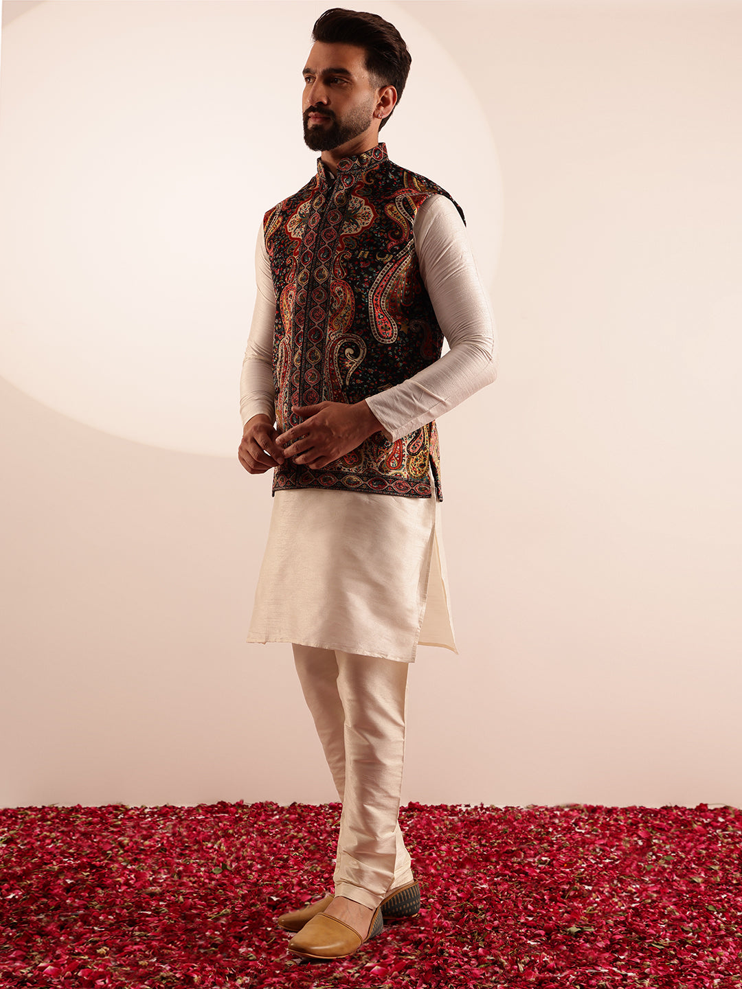 Men's Silk Blend Cream Kurta and Pyjama With Paisley Design Velvet Beige Nehru Jacket