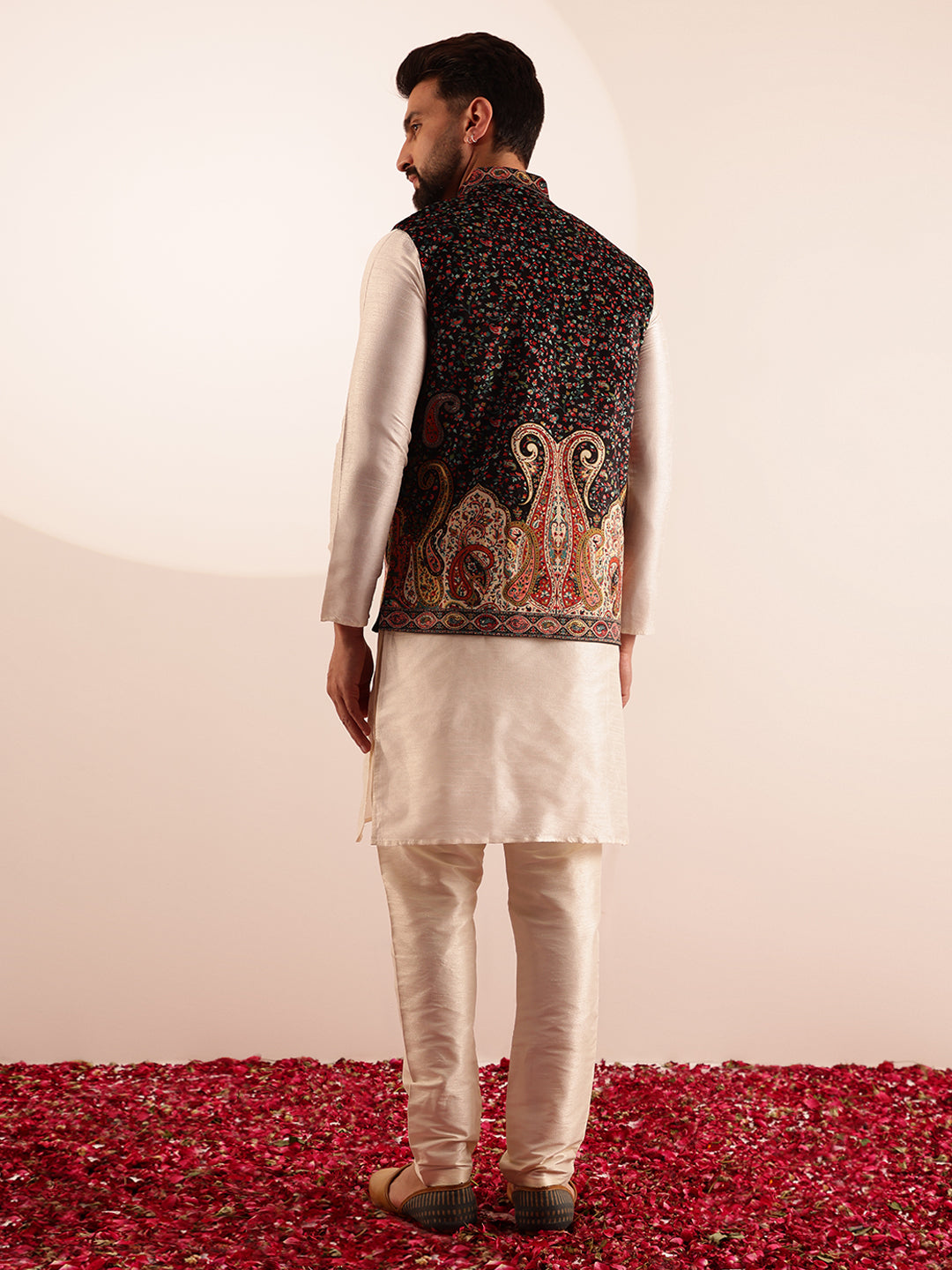 Men's Silk Blend Cream Kurta and Pyjama With Paisley Design Velvet Beige Nehru Jacket