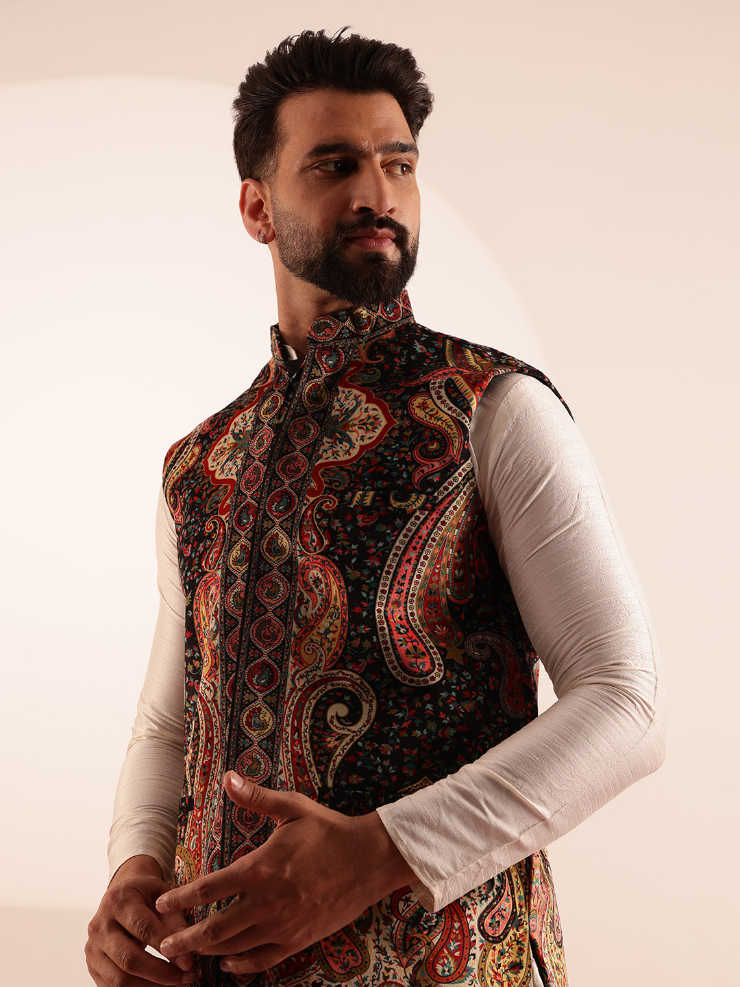 Men's Silk Blend Cream Kurta and Pyjama With Paisley Design Velvet Beige Nehru Jacket