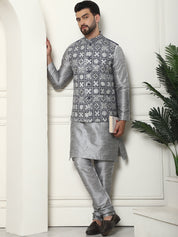 Men's Silk Blend Solid Grey Kurta and Pyjama With Embroidered Grey Nehru Jacket