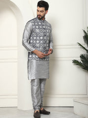 Men's Silk Blend Solid Grey Kurta and Pyjama With Embroidered Grey Nehru Jacket