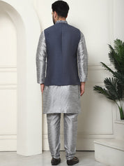 Men's Silk Blend Solid Grey Kurta and Pyjama With Embroidered Grey Nehru Jacket