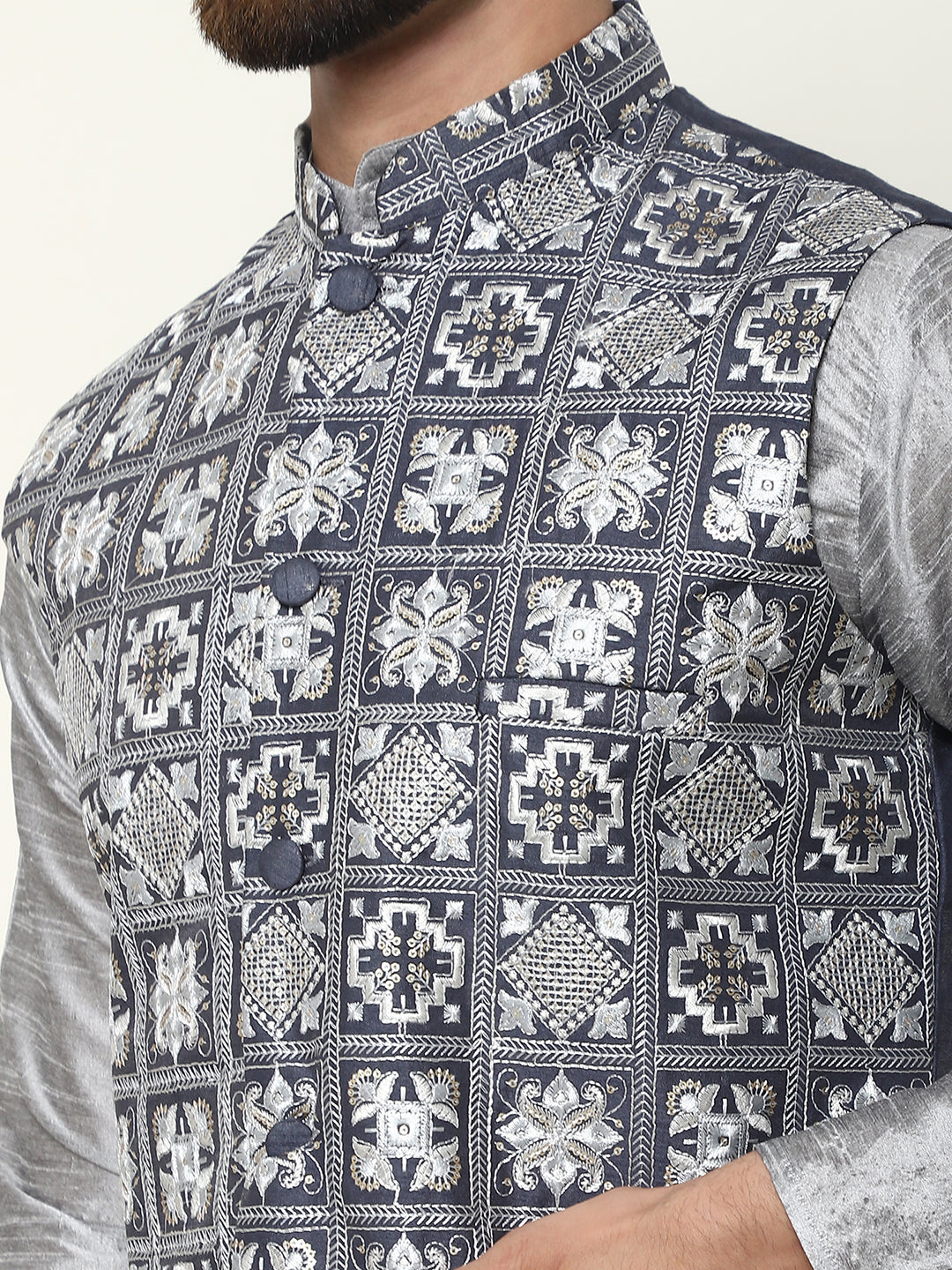 Men's Silk Blend Solid Grey Kurta and Pyjama With Embroidered Grey Nehru Jacket