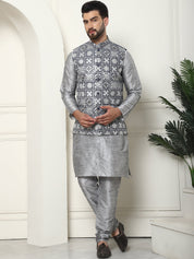 Men's Silk Blend Solid Grey Kurta and Pyjama With Embroidered Grey Nehru Jacket