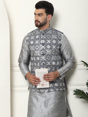 Men's Silk Blend Solid Grey Kurta and Pyjama With Embroidered Grey Nehru Jacket