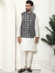 Men's Silk Blend Cream Kurta Pyjama With Embroidered Black Nehru Jacket