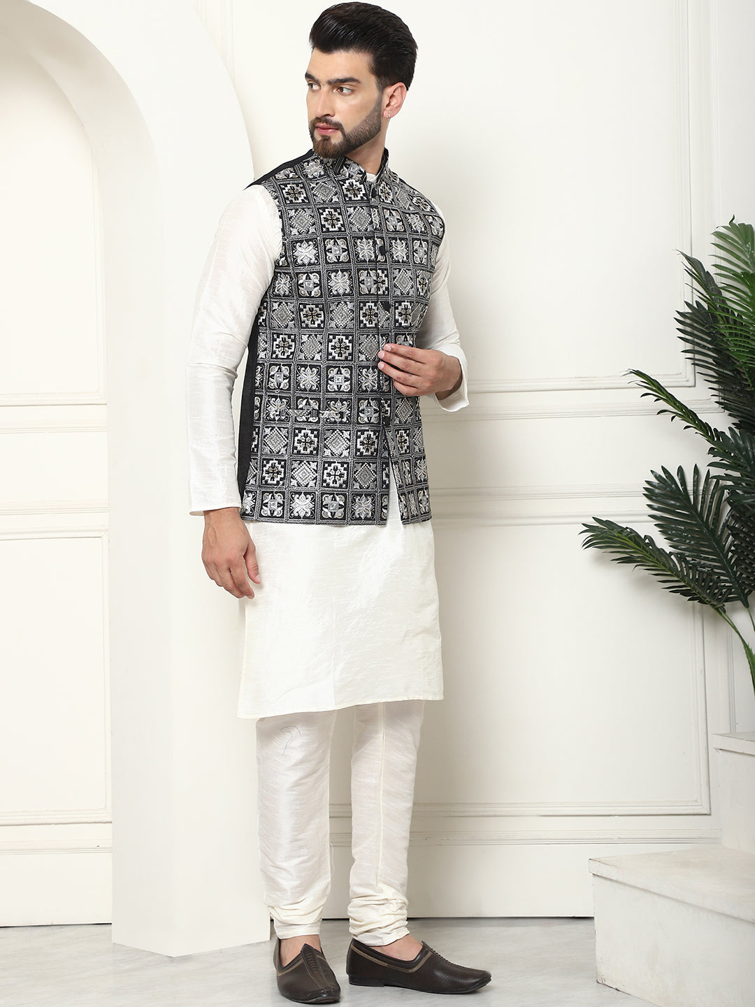 Men's Silk Blend Cream Kurta Pyjama With Embroidered Black Nehru Jacket