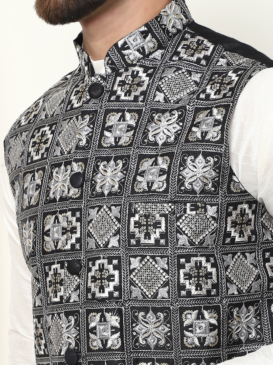 Men's Silk Blend Cream Kurta Pyjama With Embroidered Black Nehru Jacket