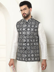 Men's Silk Blend Cream Kurta Pyjama With Embroidered Black Nehru Jacket