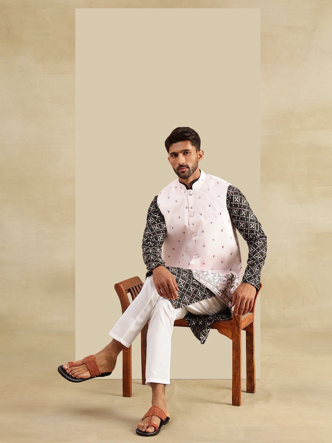 Men's Cotton Silk Black Kurta and White Pyjama With Daman Embroidered Pink Nehru Jacket