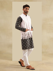 Men's Cotton Silk Black Kurta and White Pyjama With Daman Embroidered Pink Nehru Jacket