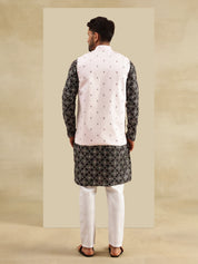 Men's Cotton Silk Black Kurta and White Pyjama With Daman Embroidered Pink Nehru Jacket