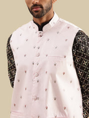 Men's Cotton Silk Black Kurta and White Pyjama With Daman Embroidered Pink Nehru Jacket