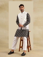 Men's Cotton Silk Black Kurta and White Pyjama With Daman Embroidered Cream Nehru Jacket