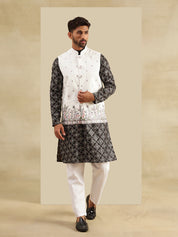 Men's Cotton Silk Black Kurta and White Pyjama With Daman Embroidered Cream Nehru Jacket
