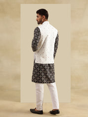 Men's Cotton Silk Black Kurta and White Pyjama With Daman Embroidered Cream Nehru Jacket