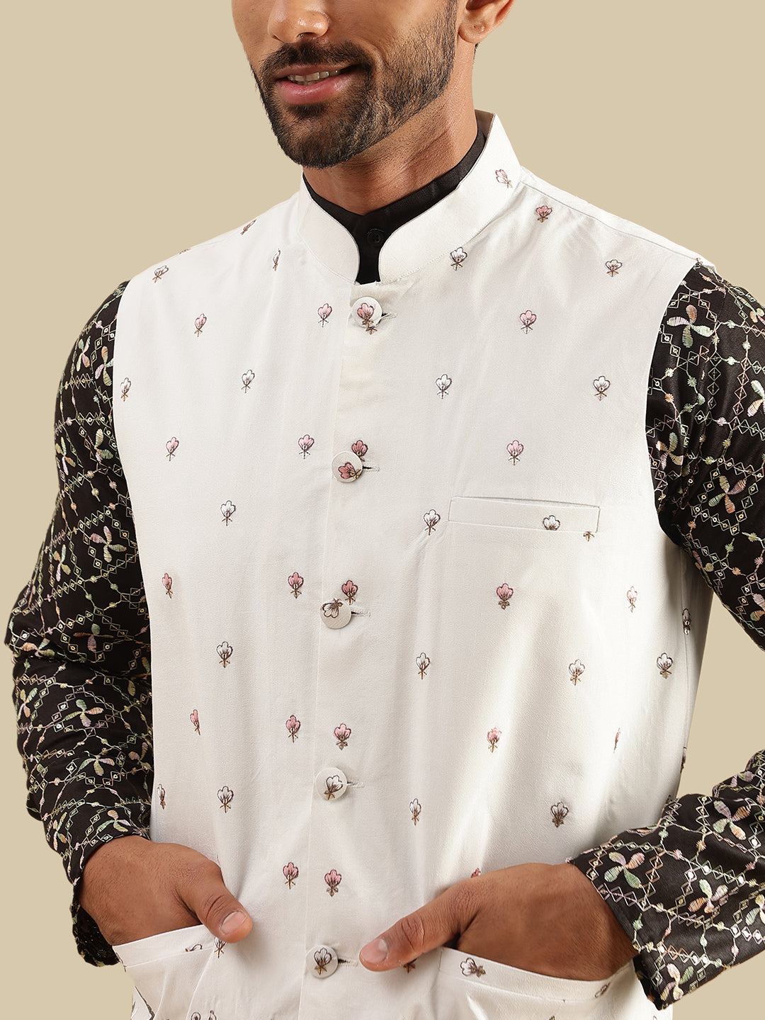 Men's Cotton Silk Black Kurta and White Pyjama With Daman Embroidered Cream Nehru Jacket