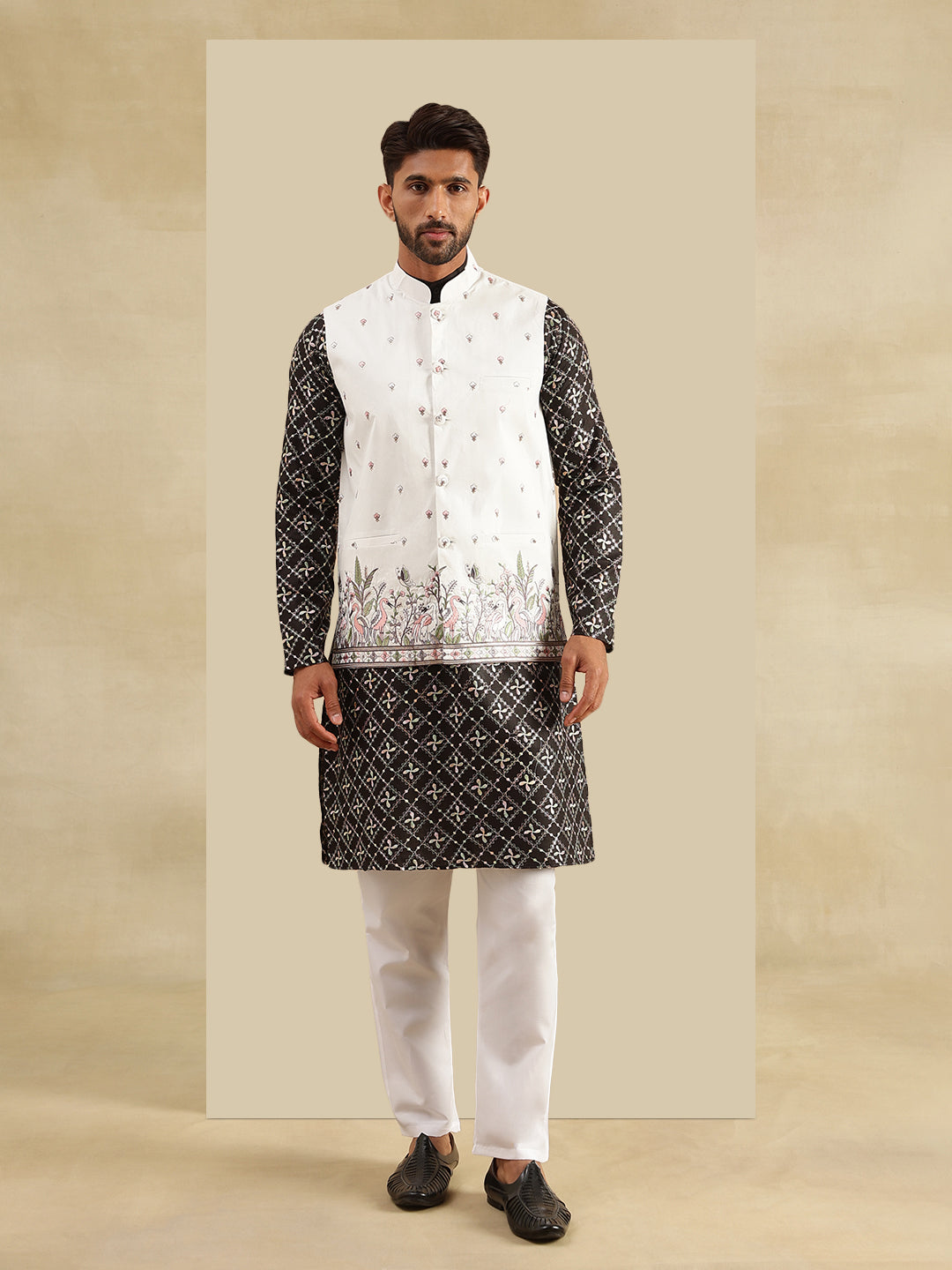 Men's Cotton Silk Black Kurta and White Pyjama With Daman Embroidered Cream Nehru Jacket