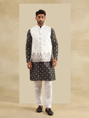 Men's Cotton Silk Black Kurta and White Pyjama With Daman Embroidered Cream Nehru Jacket