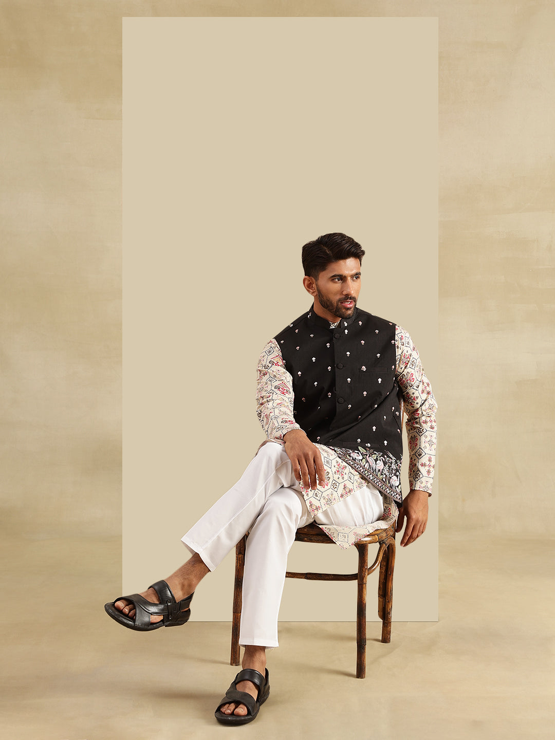 Men's Cotton Linen Cream Kurta and White Pyjama With Daman Embroidered Black Nehru Jacket