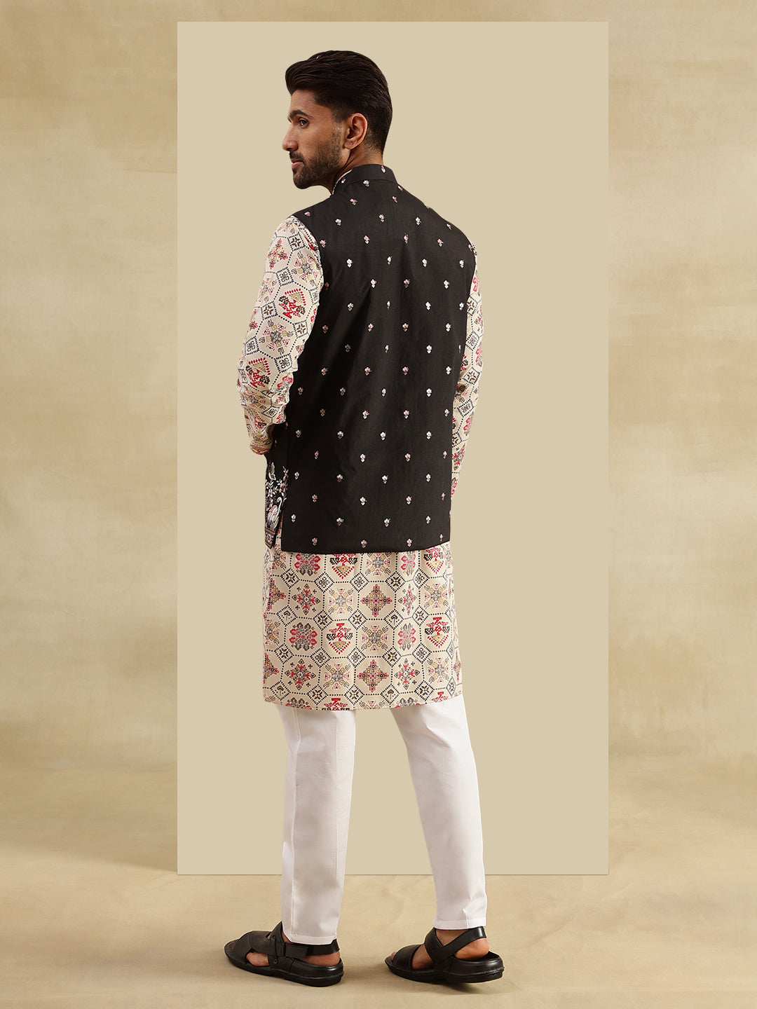 Men's Cotton Linen Cream Kurta and White Pyjama With Daman Embroidered Black Nehru Jacket