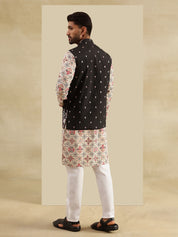 Men's Cotton Linen Cream Kurta and White Pyjama With Daman Embroidered Black Nehru Jacket