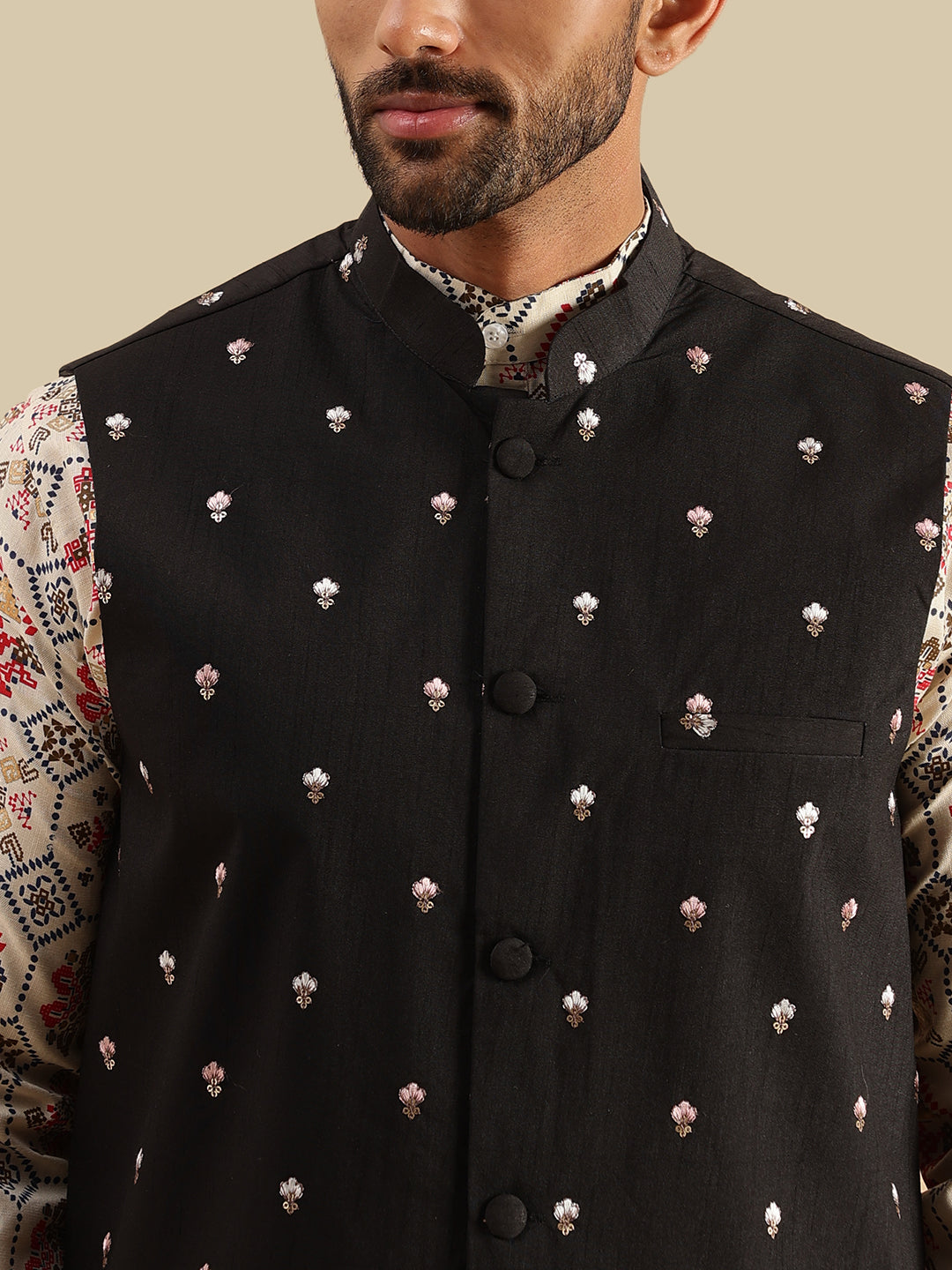 Men's Cotton Linen Cream Kurta and White Pyjama With Daman Embroidered Black Nehru Jacket