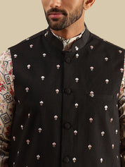 Men's Cotton Linen Cream Kurta and White Pyjama With Daman Embroidered Black Nehru Jacket