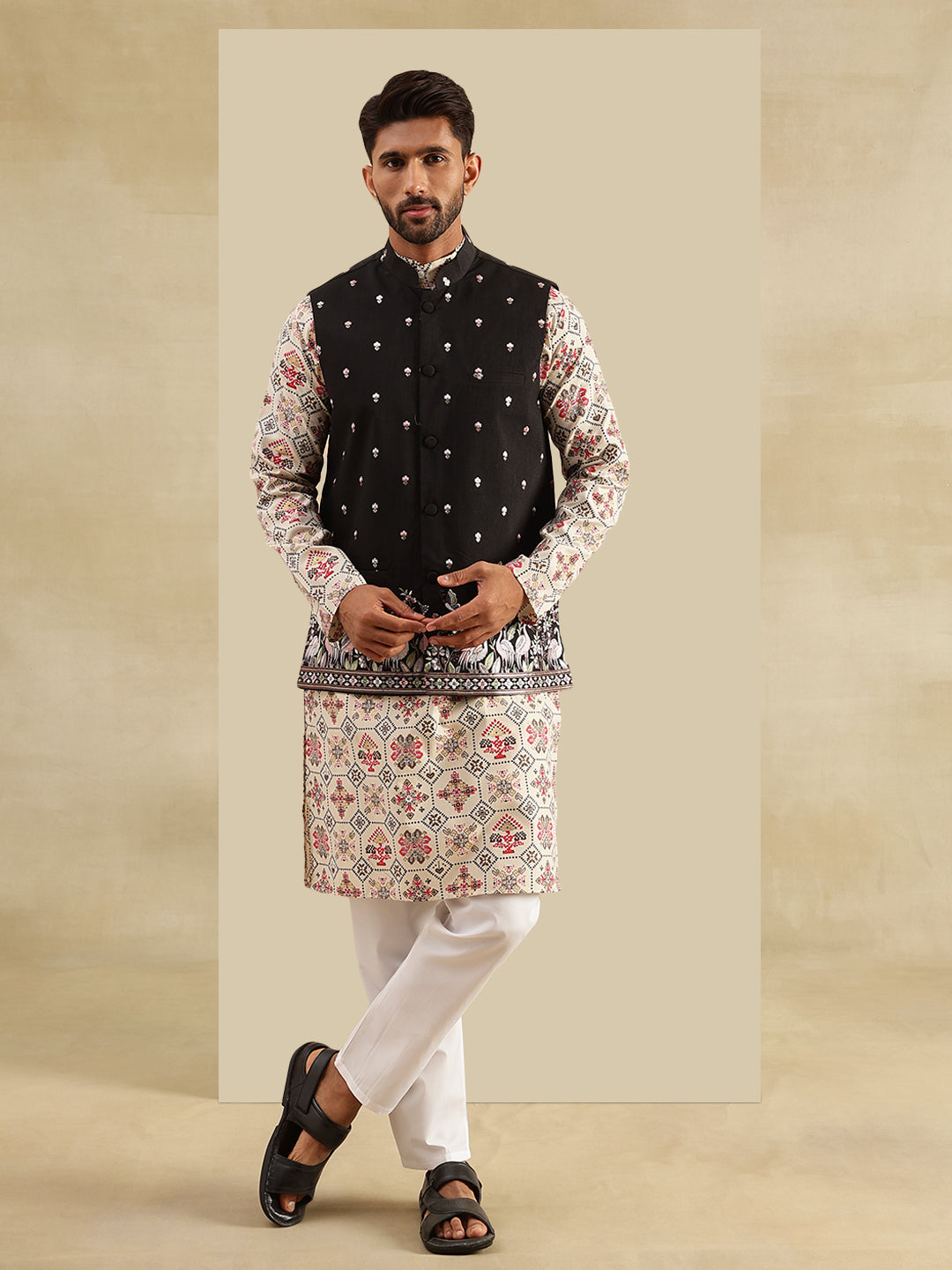 Men's Cotton Linen Cream Kurta and White Pyjama With Daman Embroidered Black Nehru Jacket