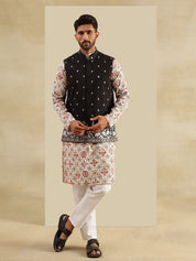 Men's Cotton Linen Cream Kurta and White Pyjama With Daman Embroidered Black Nehru Jacket