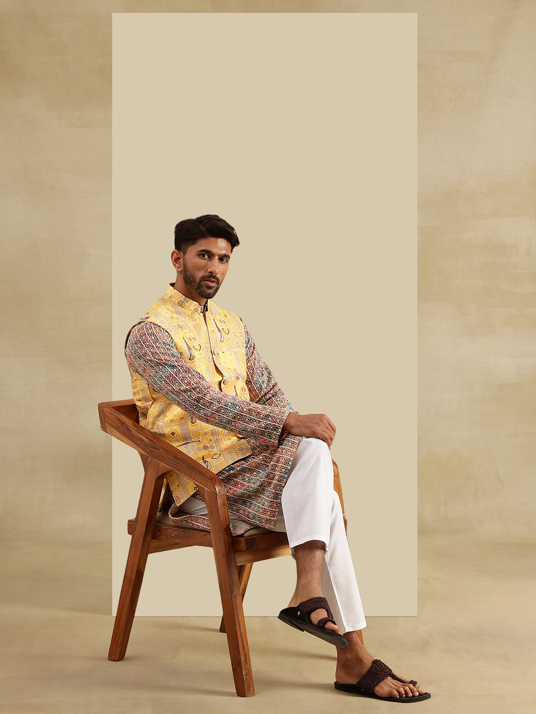 Men's Cotton Silk Multi color Kurta & White Pyjama With Jacquard Silk Yellow Nehru Jacket